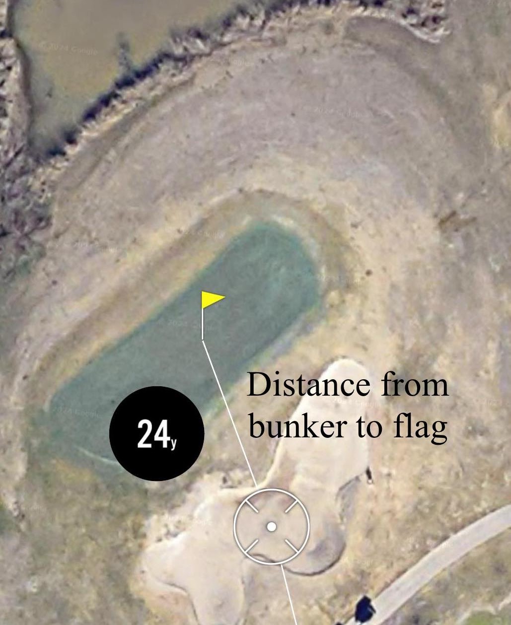 Zoomed-in yardage — 24 yards from bunker to flag