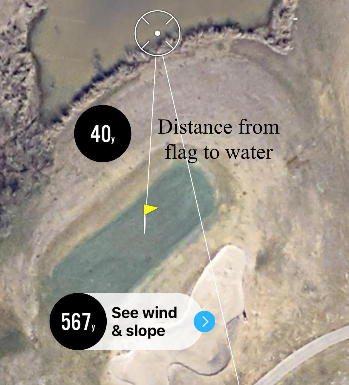 Zoomed-out yardage — 40 yards from flag to water
