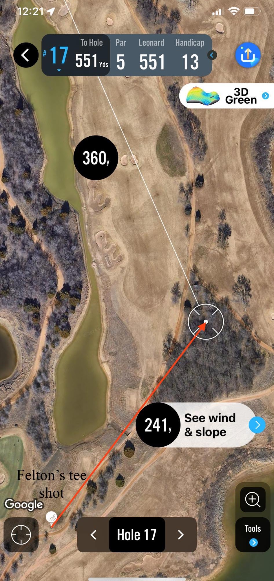 Hole 17 overview showing Felton's errant tee shot