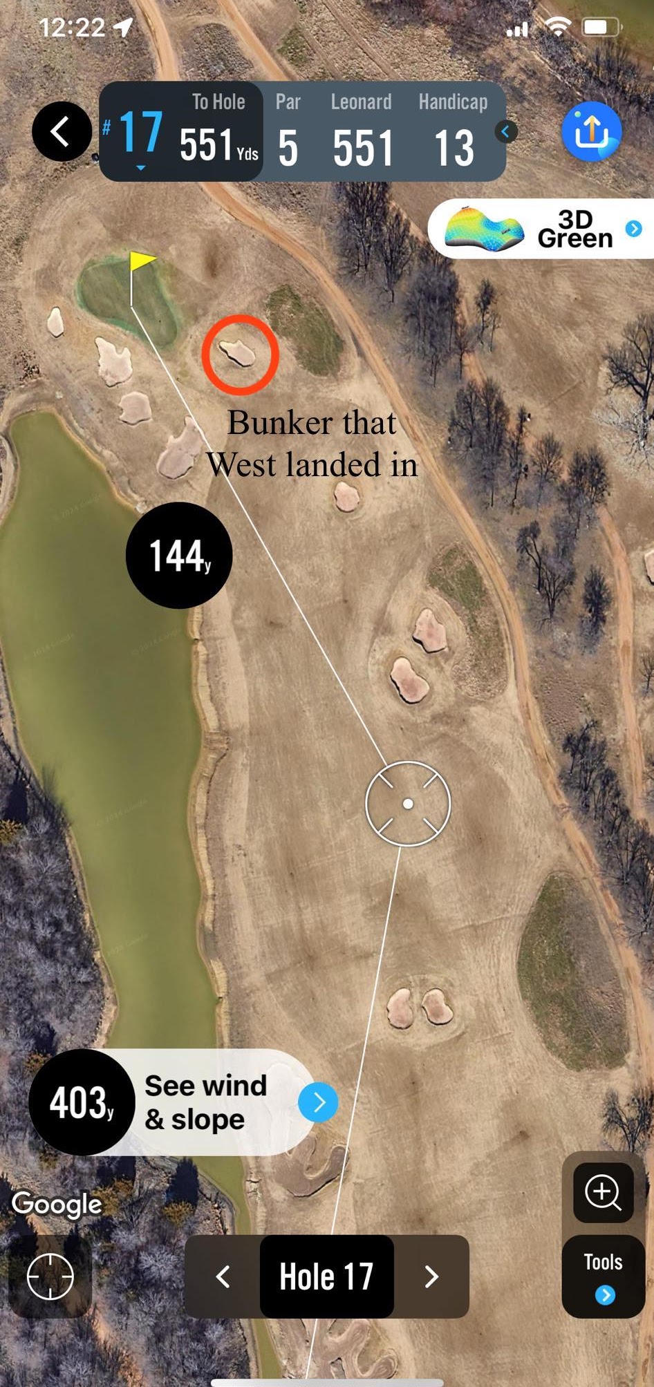 Hole 17 zoomed in — the bunker West landed in